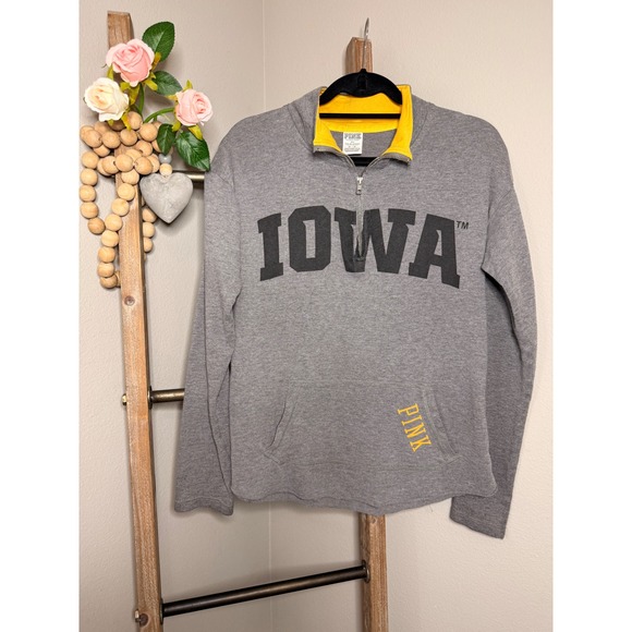 PINK Victoria's Secret Tops - PINK Victoria's Secret Iowa Hawkeyes Quarter Zip Pullover Gray Yellow Medium